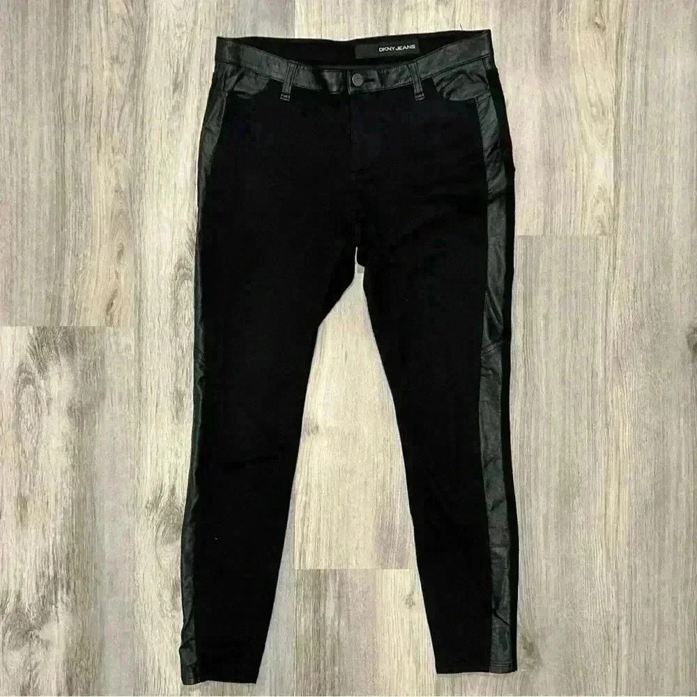 DKNY Black Skinny Pants Leggings Faux Leather Panels Cotton Stretch Size 6